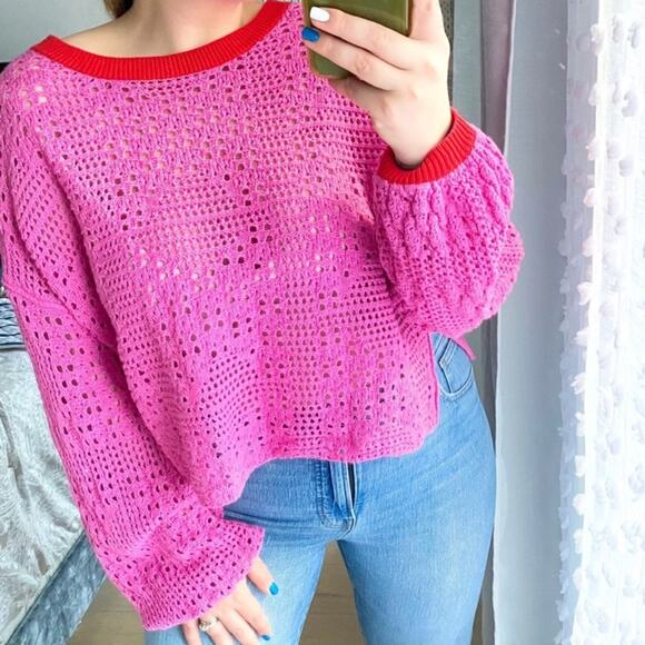 Free People Home Run Pink Red Crochet Knit Slouchy Pullover Sweater Size Small - Picture 1 of 12
